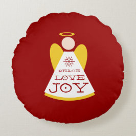 Peace Love Joy Angel Holiday Red en Gold Rond Kussen