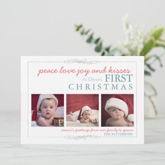 Peace Love Joy Baby's First Kerstfotokaart Feestdagenkaart (Staand voorkant)