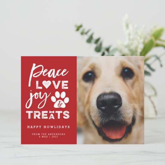 Peace Love Joy Behandelt Hondenliefhebber Foto Fun Feestdagenkaart (Staand voorkant)