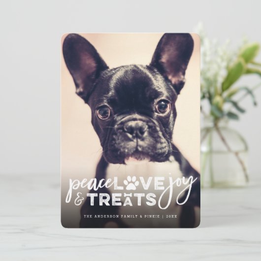 Peace Love Joy behandelt Hondenliefhebber Foto Mod Feestdagenkaart (Staand voorkant)