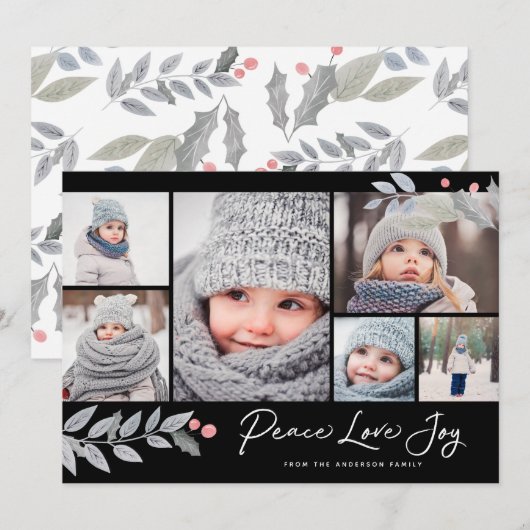 Peace Love Joy Berry Christmas Multi-Photo Collage Feestdagenkaart (Voorkant / Achterkant)