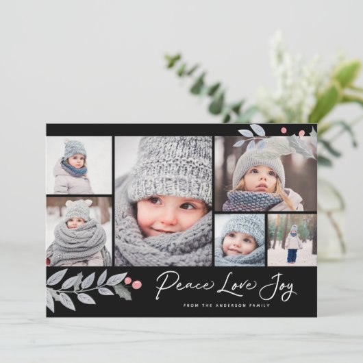 Peace Love Joy Berry Christmas Multi-Photo Collage Feestdagenkaart (Staand voorkant)