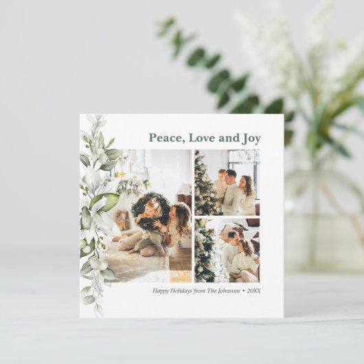 Peace Love Joy Berry Leaves Photo Holiday Kaart (Staand voorkant)