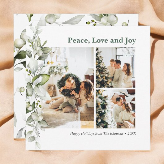 Peace Love Joy Berry Leaves Photo Holiday Kaart