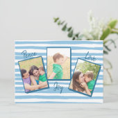 Peace Love Joy | Blauw 3 Kerstfeest Feestdagenkaart (Staand voorkant)