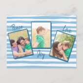 Peace Love Joy | Blauwe Waterverf 3 Kerstmis Feestdagenkaart (Voorkant)