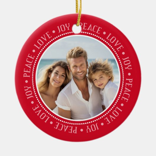 Peace Love Joy Border in het rood - Foto Keramisch Ornament (Voorkant)