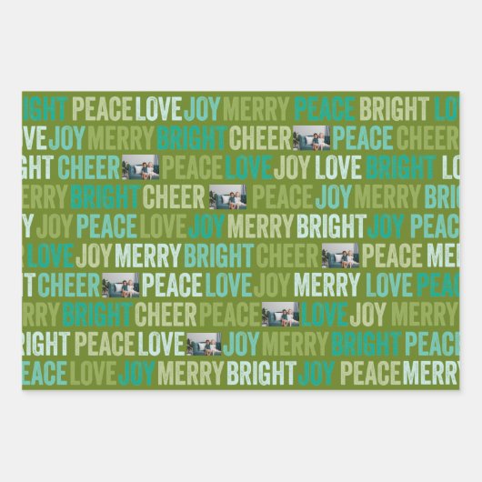 Peace Love Joy Bright Merry Cheer met 1 foto Inpakpapier Vel (Voorkant)