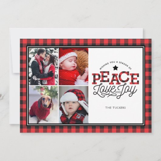PEACE Love Joy Buffalo Plaid Border 4-fotokaart Feestdagenkaart (Voorkant)