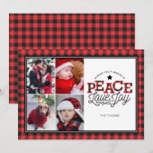 PEACE Love Joy Buffalo Plaid Border 4-fotokaart Feestdagenkaart (Voorkant / Achterkant)