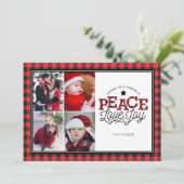 PEACE Love Joy Buffalo Plaid Border 4-fotokaart Feestdagenkaart (Staand voorkant)