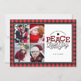 PEACE Love Joy Buffalo Plaid Border 4-fotokaart Feestdagenkaart