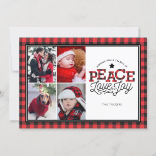 PEACE Love Joy Buffalo Plaid Border 4-fotokaart Feestdagenkaart