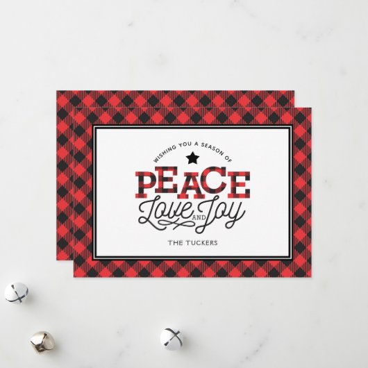 PEACE Love Joy Buffalo Plaid Border Feestdagenkaart (Voorkant / Achterkant in situ)