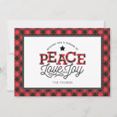 PEACE Love Joy Buffalo Plaid Border Feestdagenkaart (Voorkant)