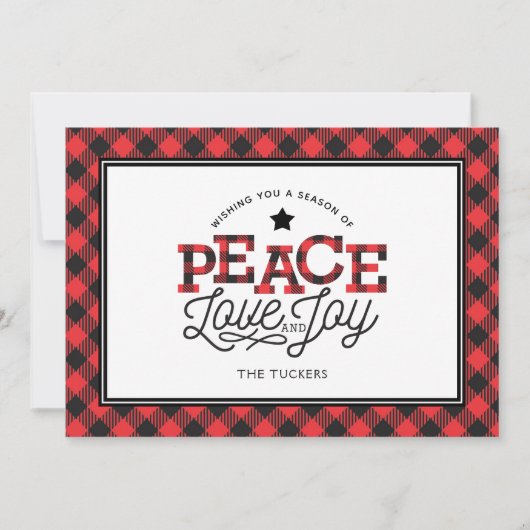 PEACE Love Joy Buffalo Plaid Border Feestdagenkaart (Voorkant)