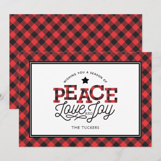 PEACE Love Joy Buffalo Plaid Border Feestdagenkaart (Voorkant / Achterkant)
