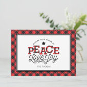 PEACE Love Joy Buffalo Plaid Border Feestdagenkaart (Staand voorkant)