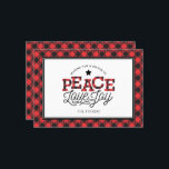 PEACE Love Joy Buffalo Plaid Border Feestdagenkaart<br><div class="desc">Dit trendy ontwerp is voorzien van de tekst "Peace Love Joy" geaccentueerd met rode en zwarte buffalo plaid. Klik op de knop Aanpassen voor meer flexibiliteit bij het aanpassen van afbeeldingen, tekst en/of foto's! Variaties van dit ontwerp, extra kleuren en coördinerende producten zijn verkrijgbaar in onze winkel, zazzle.com/store/doodlelulu. Neem contact...</div>