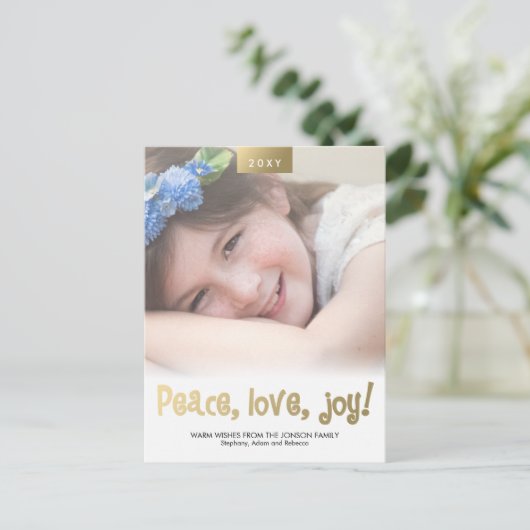 Peace Love Joy Custom Photo Modern Xmas Briefkaart (Staand voorkant)