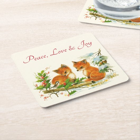 Peace, Love & Joy Cute  Foxes Kerstmis Kartonnen Onderzetters (Schuin)