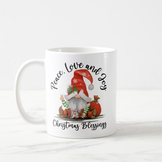 Peace, Love & Joy, Cute Gnome kerstzegeningen Koffiemok (Links)