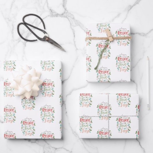 Peace Love Joy Cute Modern Kerstmis Inpakpapier Vel (Voorkant)