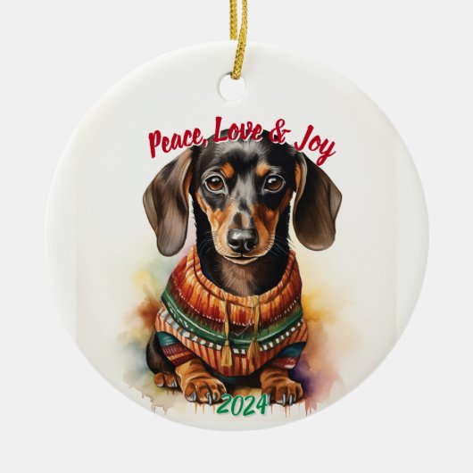 Peace, Love & Joy Dachshund: Waterverf Keramisch Ornament (Voorkant)