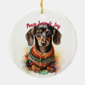 Peace, Love & Joy Dachshund: Waterverf Keramisch Ornament (Achterkant)