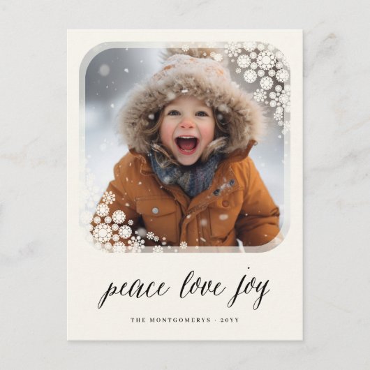 Peace Love Joy Elegant Snowflakes Lijst Foto Feestdagenkaart (Voorkant)