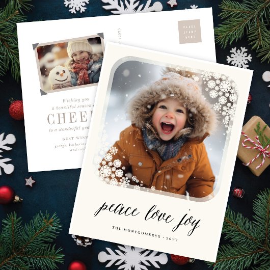 Peace Love Joy Elegant Snowflakes Lijst Foto Feestdagenkaart