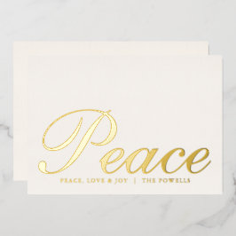 Peace Love Joy Elegante Typografie Ivoor en Goud Folie Feestdagenkaart