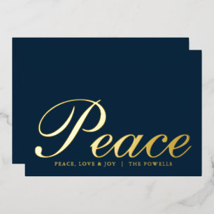 Peace Love Joy Elegante Typografie Navy Blue Gold Folie Feestdagenkaart