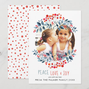 Peace Love Joy en koraalbessen kerstfoto Feestdagenkaart
