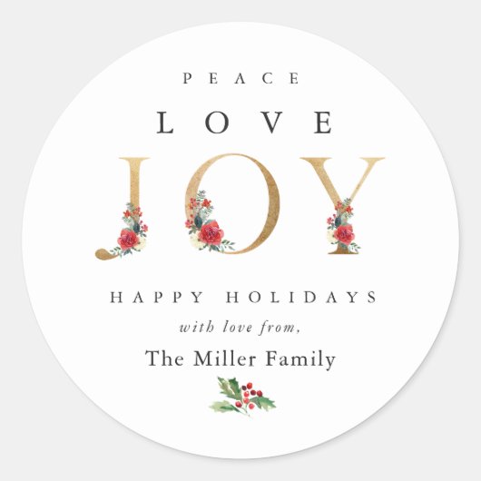 Peace Love Joy Festive Winter Floral Berries Ronde Sticker (Voorkant)