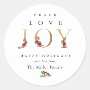 Peace Love Joy Festive Winter Floral Berries Ronde Sticker
