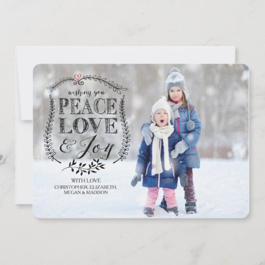 Peace Love & Joy Flat Kerstfeestay Fotokaart Feestdagenkaart (Voorkant)
