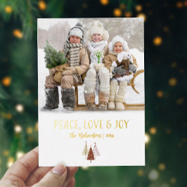 Peace Love Joy Foto gepersonaliseerd Elegant Goud Folie Feestdagenkaart