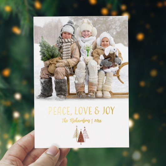 Peace Love Joy Foto gepersonaliseerd Elegant Goud Folie Feestdagenkaart