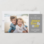 Peace Love Joy - Foto - grijs geel Feestdagenkaart (Voorkant)