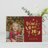 Peace Love Joy Foto Red Gold Kerstmis Kaart (Staand voorkant)