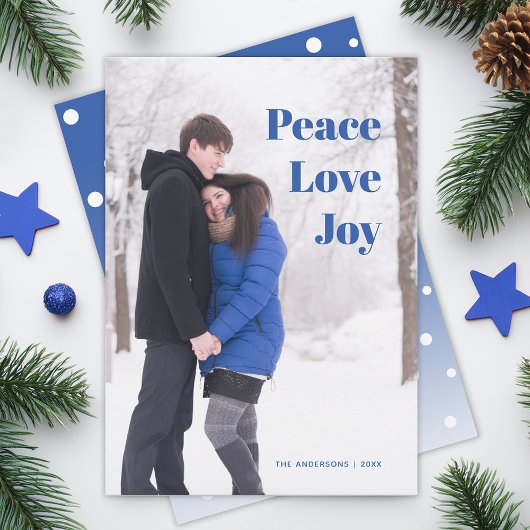 Peace Love Joy Fotopaar in Winter Holiday Blue Feestdagenkaart