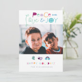 Peace Love & Joy Fun Bright Kerstmis Emoji Foto Feestdagenkaart (Staand voorkant)