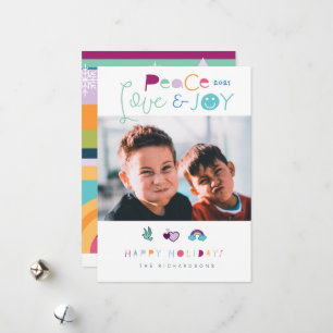 Peace Love & Joy Fun Bright Kerstmis Emoji Foto Feestdagenkaart