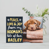 Peace, Love & Joy Funny Modern Pet Custom Photo Folie Feestdagenkaart (Staand Voorkant)