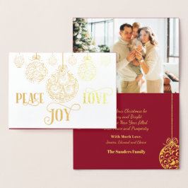 Peace Love Joy Gold Burgundy - kerstfoto Folie Kaarten
