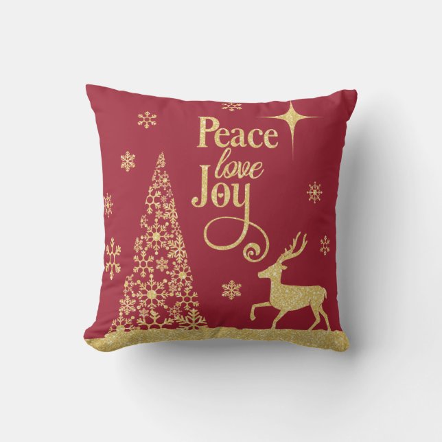 Peace Love Joy Gold Glitter Red-kerstboom  Kussen (Voorkant)