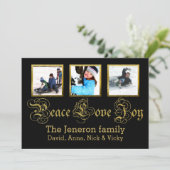 Peace Love Joy goud, zwarte kerst Groupon foto Feestdagenkaart (Staand voorkant)