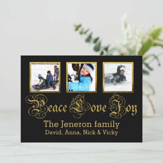 Peace Love Joy goud, zwarte kerst Groupon foto Feestdagenkaart (Staand voorkant)