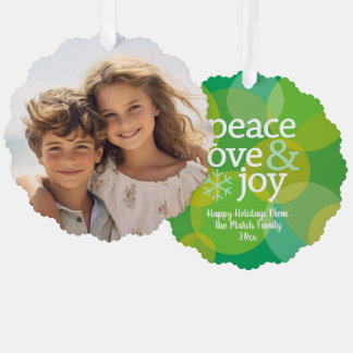Peace Love Joy Green Bokeh - Christmas Photo Ornament Kaart
